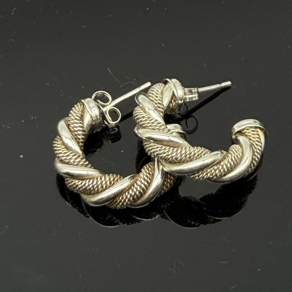 Vintage Italy 925 Sterling Silver Twisted Cable Mesh Half Hoop Pierced Earrings